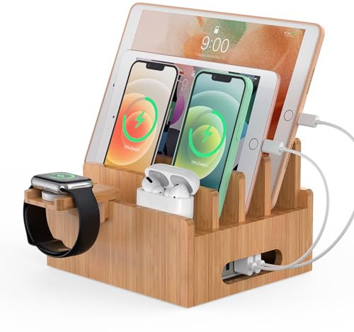 Bamboo Charging Stations Rack, for Multiple Devices, Desktop Docking Station Organizer, for Cell Phones, Tablet, Smart Watch & Earpods Stand (No Charge Adapter)