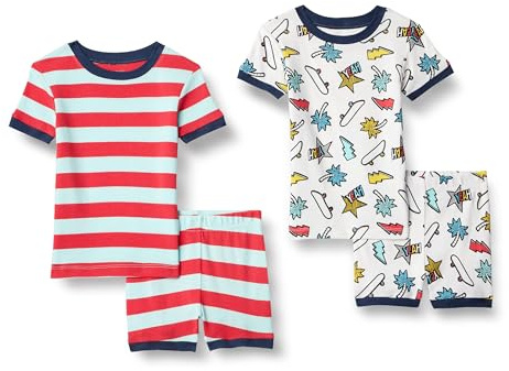 Amazon Essentials Set di Pigiama da Notte Attillati in Cotone Unisex Bambini e Ragazzi, Bianco/Blu Acqua Pallido/Righe/Rosso/Yeah, 5 anni