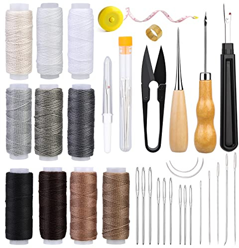 Ruasol 34 kit de réparation de rembourrage PCS, kit de couture en cuir, kit d'outils d'artisanat en cuir avec couse AWL, filetage de couture, aiguilles pour débutants
