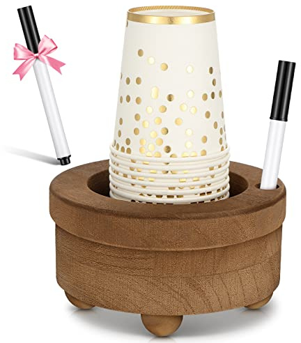 Newtay Wooden Cup Holder with Marker Slot Brown Cup Holder Dispenser Disposable Mug Dispenser for Party Decoration Bathroom Kitchen Showers Picnic Housewarming Couples Gift(Classic Style,6.1 Inches)