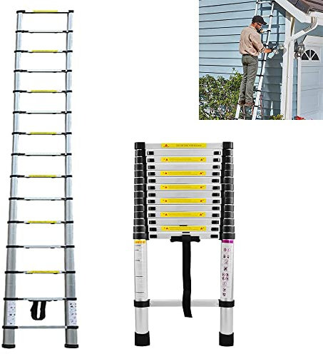 4.4M Aluminium Telescopic Ladder, Extendable Straight Stepladder, Multi-Purpose Folding Loft Ladder - Max Load 150kg