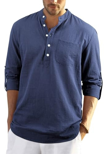 Enlision Mens Haze Blue Cotton Linen Shirts Long Sleeve Shirt Button Down Henley Shirts Lightweight Casual Plain Tops for Men 4XL