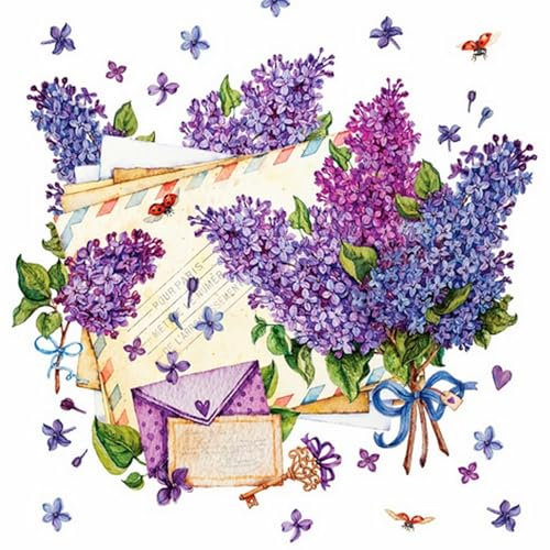 20 Servietten Blumen, Garten & Natur Flieder auf Briefe als Tischdeko. Papierservietten mit Motiv. Auch für Decoupage und Serviettentechnik 33x33cm