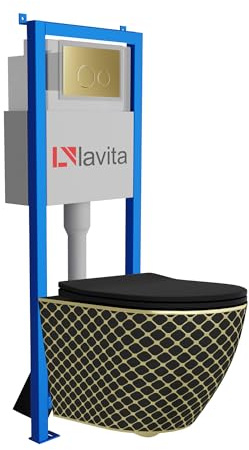 Lavita LAV 101 - Elemento da parete per WC 40 cm + parete sospesa per WC SOFI SLIM BLACK NIGHT senza bordi + pannello di controllo LAV 200.4.5 oro, set completo | cassetta di risciacquo da incasso |