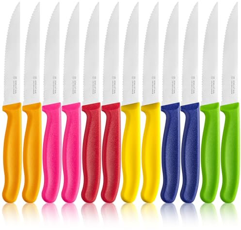 targzier Steakmesser Set 12 teilig,Scharfes Steakmesserset mit Wellenschliff, Steak Messer aus Edelstahl,Bunt Steakbesteck Set,Geeignet für Restaurants,Hotels und Party,Spülmaschinenfest