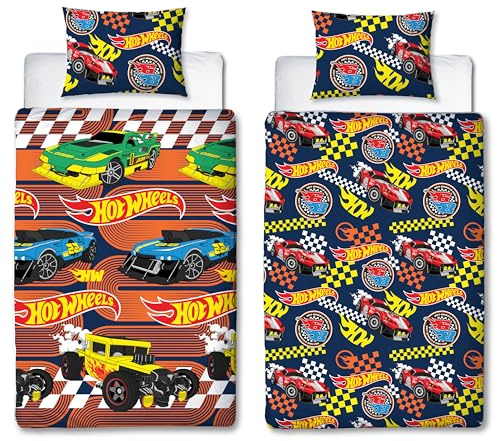 Hot Wheels - Juego de Funda de edredón para Cama Individual con Licencia Oficial de Racer, Ropa de Cama Reversible de 2 Caras, Incluye Funda de Almohada a Juego, Dormitorio Infantil