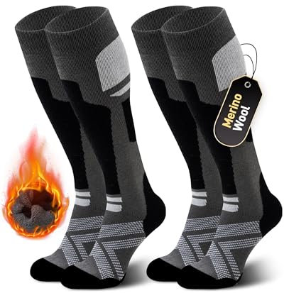 Niorasen Merino Wool Ski Socks Men Unisex, 2 Pairs Thermal Knee-High Socks for Winter, Full Cushion Thick Socks, Skiing, Snowboarding, Outdoor Sports, Hunting, Hiking, Black 2 Pairs, UK 9-15
