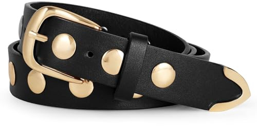 WERFORU Women Fashion Leather Belt for Jeans Pants Dress Ladies Vintage Punk Studded Belt with Gold Buckle Black