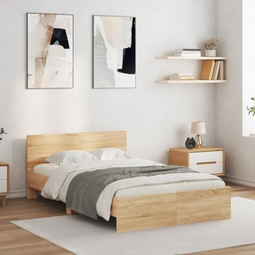 IKAYAA Cama Madera de 135 x 190 cm, Marco de Cama con Luces LED, Cama LED con Cabecero, Cama Doble, Cama Adulta, Roble Sonoma-2