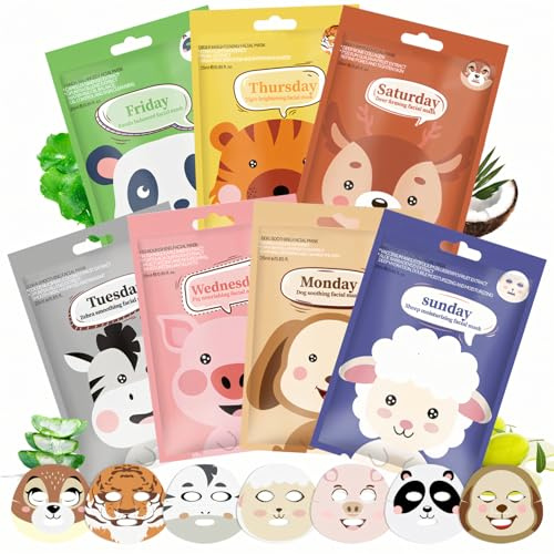 Maschere Viso Bambina, Set Maschere Visos, Maschera Viso Idratante con Stampe Animalier, Maschera viso Bambina, Idratante e Nutriente, Adatto a Tutti i Tipi di Pelle-7 Pezzi