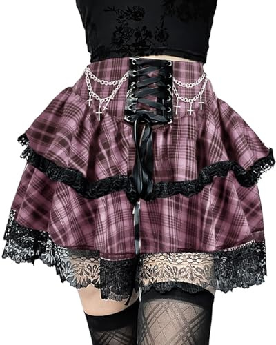 DINGJIUYAN Minigonna a 2 strati con catene Gotico Y2k Ruffle Gonne A Pieghe Steampunk Orlo In Pizzo Frontale Benda Gonna Corta, Plaid rosa., S