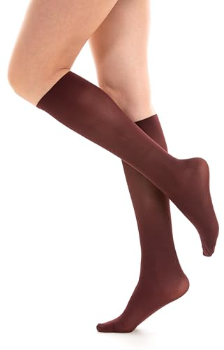 Medias elegantes para mujer, micro fibra, 60 den, longitud hasta la rodilla, marrón burdeos, 3 pares, burdeos, Talla única