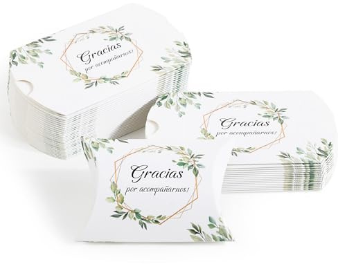 BOFUNX 50pcs Cajas de Regalo Cajitas Almohada de Dulces Chocolates de Papel Gracias por Acompañarnos Decoración para Bodas Fiestas Cumpleaños Bautizo Comunión