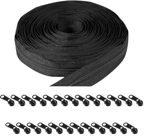 10 m oändligt blixtlås, nylondragkedja, spiraldragkedja, med 25 svarta dragkedjor, för kjolar, byxor, kuddar, väskor, pennfodral