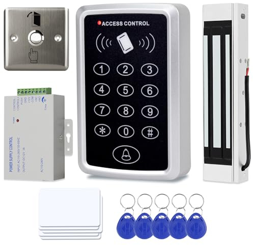 AccessShield Système d'entrée de Porte avec Clavier de contrôle d'accès étanche, Alimentation DC 12 V, Interrupteur de déverrouillage de Porte, Serrure électrique et Porte-clés RFID 125 kHz
