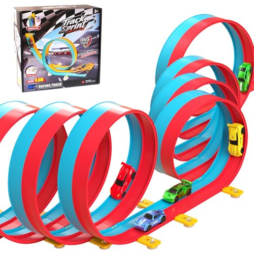 Flexible Toy Car Track for Racing, 6M Roll Up 2 Color Race Track Includes 4 Diecast Toy Cars for Boys, Diecast Cars and Monster Trucks, Attach to Windows Doors for Bumps Tunnels Loops (Red&Blue 6M)
