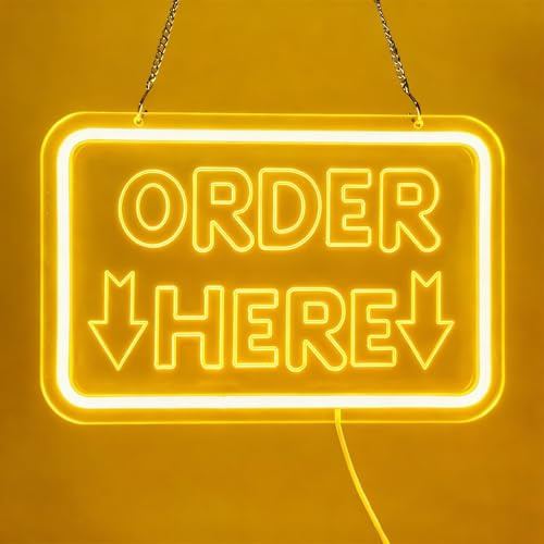 KEYQEEN Order Here Letrero de neón, Luces LED de neón USB Regulables para Bares y Tiendas, letreros Decorativos para mostradores de Cajas de restaurantes,Amarillo,30x20cm