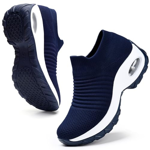 HKR Womens Trainers Ladies Walking Shoes Comfy Tennis Shoes Lightweight Road Running Shoes Air Cushion Sport Gym Outdoor Sneakers, Dark Blue, 3.5 UK