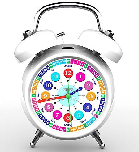 Qesnox Children Alarm Clock Time Teacher Bedroom Table Clock Office Clock Bedside Kids Table Alarm Clock Traditional Loud Alarm Twin Bell with Night Light Sweep Silent Non Ticking 17CM x 12CM