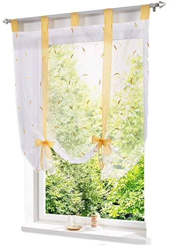 Store Bateau brodé - avec Passants, Transparent - Décoration pour Salon, Chambre à Coucher - Jaune - 60 x 140 cm