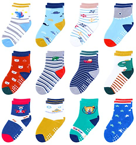HYzgb Calzini per bambini 12-24 mesi Calzini per bambini con impugnature 12 paia di calzini antiscivolo in cotone, 1 anno 2 anni 3 anni Regalo per neonati (multicolori)