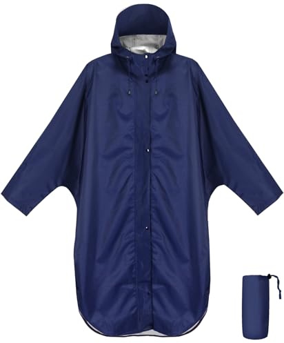 ANYOO Impermeabile Poncho Antipioggia con Cappuccio e Maniche, Giacca Antipioggia Leggera e Antivento per Donne e Uomini, Blu Scuro, Taglia Unica
