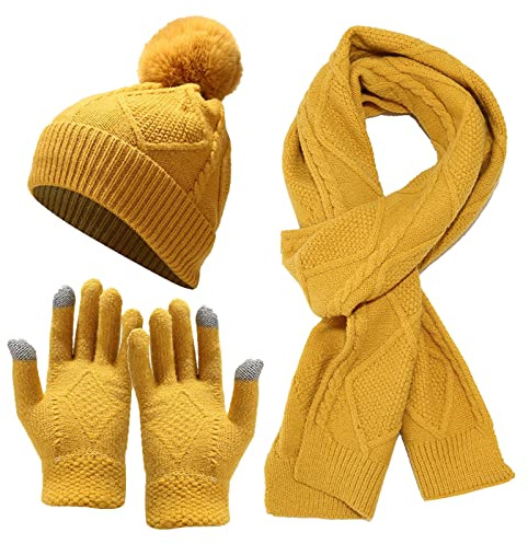 HANXIULIN Bonnet d'hiver chaud en tricot - Écharpe - Gants 3 en 1 - Ensemble bonnet chaud - Écharpe - Pour homme et femme, jaune, taille unique
