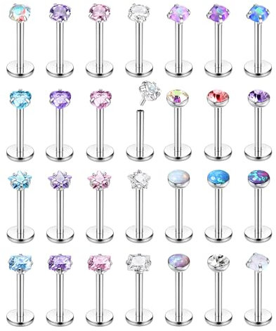 Adramata 28Pcs Nasenpiercing Stecker Chirurgenstahl Lippenpiercing Gewindeloses Einschieben Monroe Medusa Labret Piercings Set Klein CZ Opal Piercing Ohr Conch Tragus Piercing Helix Piercings