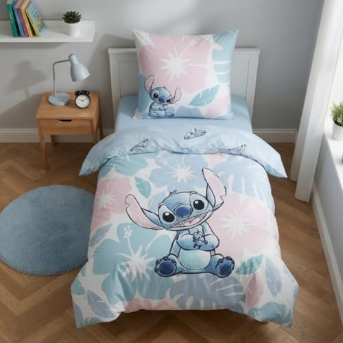 Aymax Stitch Flowers barnsängkläder, vändbart påslakan 135 x 200 cm + örngott 80 x 80 cm, 52 % bomull – 48 % polyester