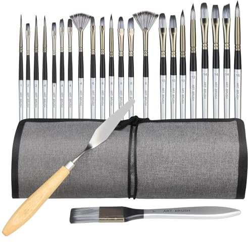 Set de Pinceles Pintura Acrilica Profesional, 24 Piezas Premium Juego de Oleo Pincel para Pintar con Bolsa de Lona y Espátula de Pintura Adecuado para Pinturas Acrílicas Acuarela Óleo Gouache (24)
