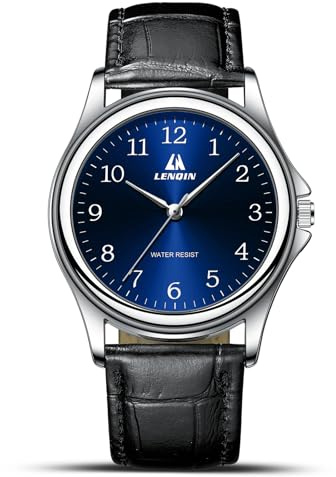 LN LENQIN Mens Watches Analog Quartz Watch for Men Casual Fashion Busines Waterproof Men's Wrist Watches with Leather Strap (Silver Blue)