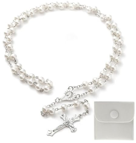 Rosenkranz Katholisch,Rosenkranz Kette,Rosary Necklace,Rosenkranz Kommunion Mädchen,Kunstperlen Katholische Rosenkranzperlen Retro-Kreuz,mit Samt Geschenkbeutel,Taufe Kommunion Hochzeit/Party (Weiß)