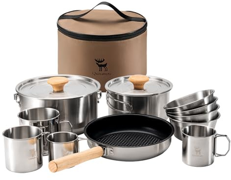 Qunature 11 Pezzi Set di Pentole da Campeggio in Acciaio Inossidabile, Kit Campeggio Cucina Portabile Anti-Calore, Stoccaggio Nidificabile, Padelle, Casseruole, Ciotole e Tazze per Picnic Trekking