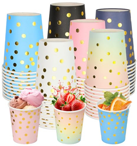 Kleemeiero 60 Stück Gold Dot pappbecher Einwegbecher Trinkbecher Becher 9 OZ/250ml papierbecher kaffeebecher einweg Punktebecher Partybecher Disposable Paper Cups für Party Weihnacht Heiß Kaltgetränke