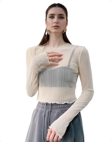 EMOTTOS Top Crop Donna Y2K, Top Sexy Trasparente in Rete a Maniche Lunghe vestibilità Slim Collo Rotondo Elastico Orlo Plissettato, Maglietta Casual da Festa, Albicocca, Taglia Unica