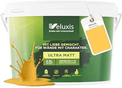 Veluxis® Pintura de pared amarilla para interiores - 2,5 litros y opacidad clase 1, sin vetas, antigoteo, ecológica y sin COV (Mighty Mango)