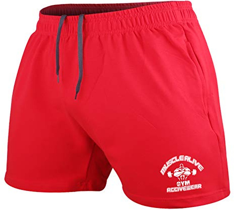 Muscle Alive Hombres Culturismo Gimnasio Rutina de Ejercicio Pantalones Cortos Terry Algodón 5 Man Rojo XL