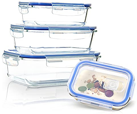 bambuswald© recipientes de vidrio herméticos con tapa estanca, set de 4 | envases reutilizables y apilables 370/640/1040/1520 ml - fuente de horno, fiambrera, fuente para gratinar