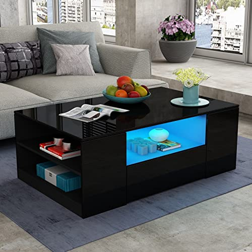 AWOOOD Coffee Table for Living Room,Side Table Modern Wooden Centre Table,Gloss Coffee Tables for Home (Black Table+LED Light)