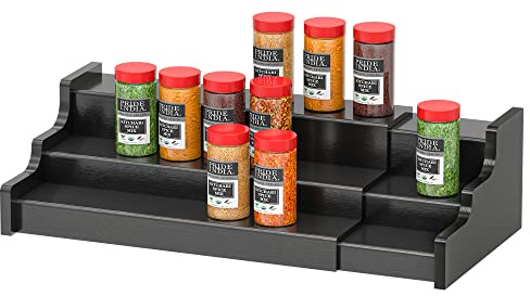 Spice Rack Organizer For Cabinet - 3 Tier Black Bamboo Wooden Expandable Display Shelf from 12.70 to 22.20 inch
