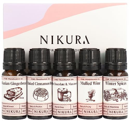 Nikura Christmas Treats Fine Fragrance Oil Gift Set - 5 x 10ml | Great for Diffusers for Home, Soap & Candle Making, Wax Melts, Burner | Bath Bombs, Perfume Scents | Vegan & UK Made Essential Oils