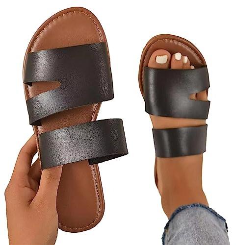 Kvinnor Platta Sommarsandaler | Kvinnliga Slip On Stora Sandaler - Sommaröppna tår Slip On Fritidsskor Stor Storlek För Gå ut Badshopping Deno