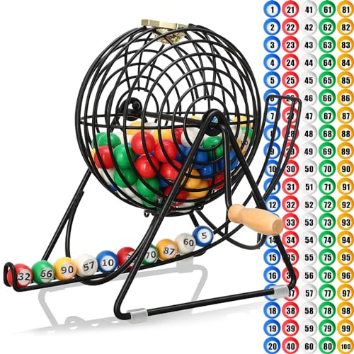 Poen 101 Pcs 1-100 Numbers Lottery Bingo Game Set Include 12 Inch Cage 0.9 Inch Window Balls Raffle for Game Night, Large Group Activities, Excluding Bingo Board (Multicolor)