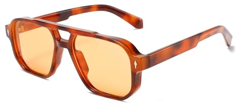 LJCZKA Lunettes de Soleil Pilote pour Femme et Homme, Lunettes de Soleil Carrée Double Pont Rétro Plate Années 70 Protection UV400