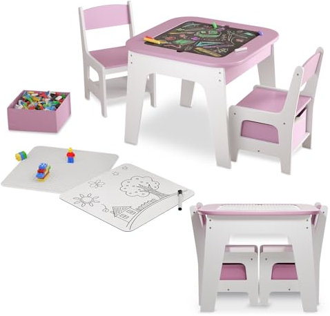 Juskys Kindersitzgruppe Milou - Set mit 2 Stühlen & 1 Tisch - Kindertisch Holz - Spieltisch mit Stauraum - Sitzgruppe für Kinder, Maltisch - Rosa