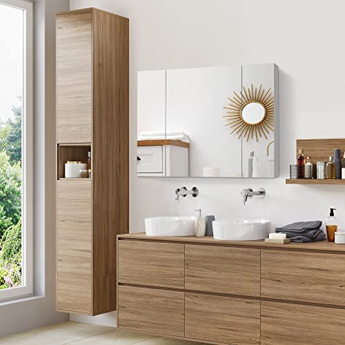 HOMCOM Armario de Baño con Espejo y Luces LED USB 90x15x75 cm Blanco