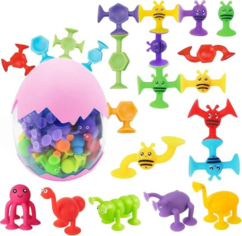 Saugnapf Spielzeug,37 Stück Montessori Badewannenspielzeug,Sucker Toys Darts,Sauger Spielzeug,mit Dinosauriereier Aufbewahrungs,Silikon Bausteine Spielzeug,Montessori Spielzeug ab 3 Jahre