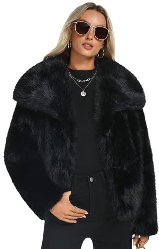 Funlingo Womens Cropped Faux Fur Coat Winter Casual Lapel Long Sleeve Shaggy Jacket Warm Outerwear Black S