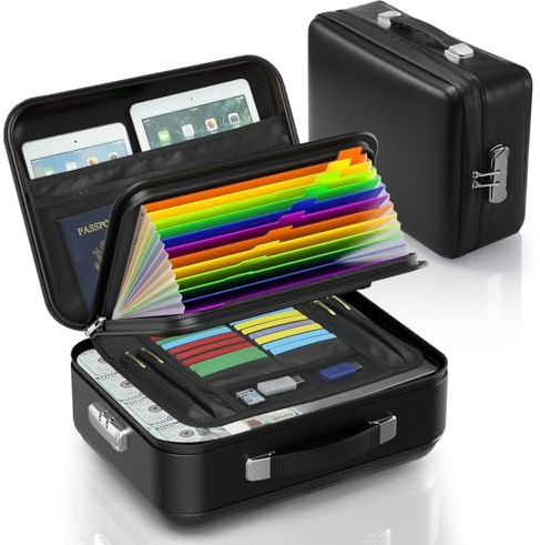 MRLUKwin Fireproof Document Box with Lock, Hard-Shell Case File Organizer with Accordion File Folder, Multi-Layer Portable Home Office Travel Safe Box for Important Documents& Valuables (Black)