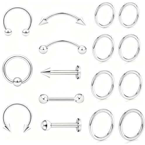 aieieii 16Pcs Silver Nose Ring Set，Lip Ring for Bottom Lip Septum Piercing Jewellery with Multiple Sizes Suitable for Nose Septum, Helix, Tragus, Piercings for Women Men